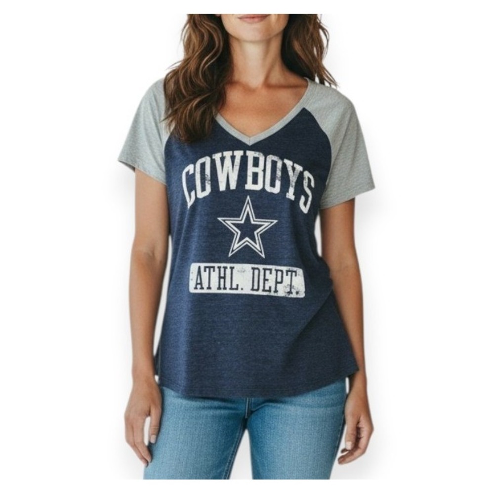 Dallas Cowboys Football Authentic Womens Navy Gray Raglan V-Neck T-Shirt Medium